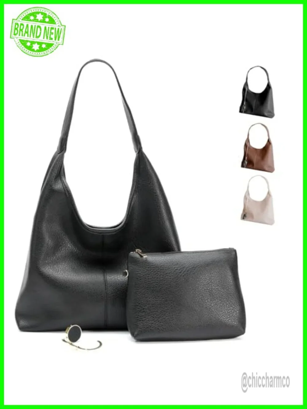 Vegan Leather Slouchy Hobo Bag with Zippered Pockets & Shoulder Strap